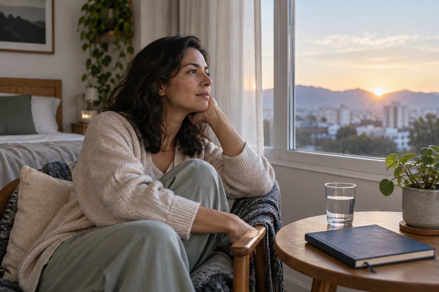 Pessoa sentada junto a uma janela ao amanhecer, com caderno fechado e copo de água sobre a mesa