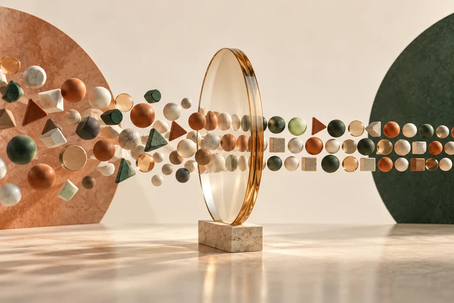 Marcadores geométricos de dois grupos atravessando uma lente transparente e formando linhas mais nítidas, representando ganho de precisão com ajuste basal