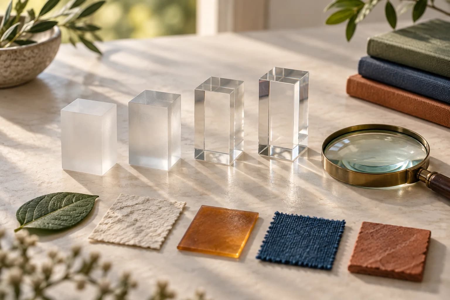 Quatro prismas de vidro com transparências progressivas ao lado de uma lente e amostras de materiais, representando níveis e domínios de certeza