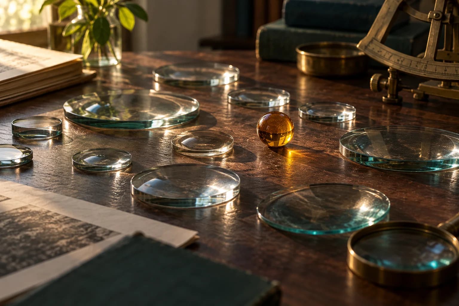 Conjunto de lentes circulares translúcidas projetando muitos reflexos sobre uma mesa de pesquisa, com uma única esfera âmbar entre eles