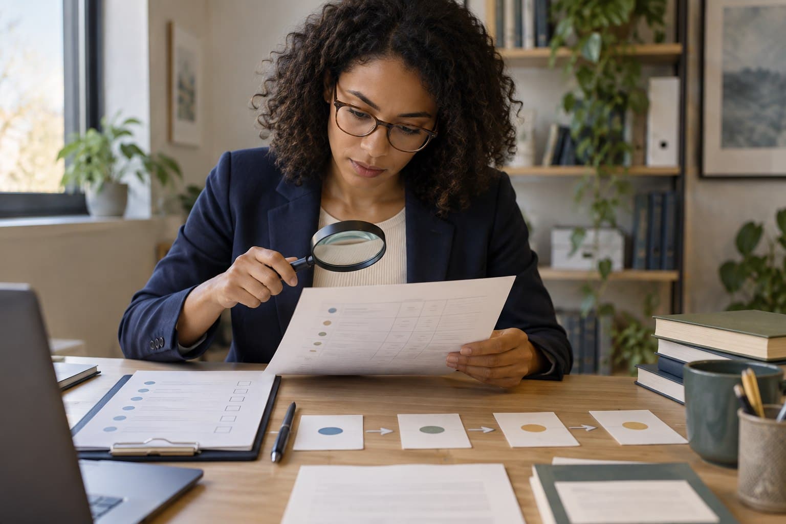 Pesquisadora examina registros e uma linha do tempo com lupa em mesa de trabalho