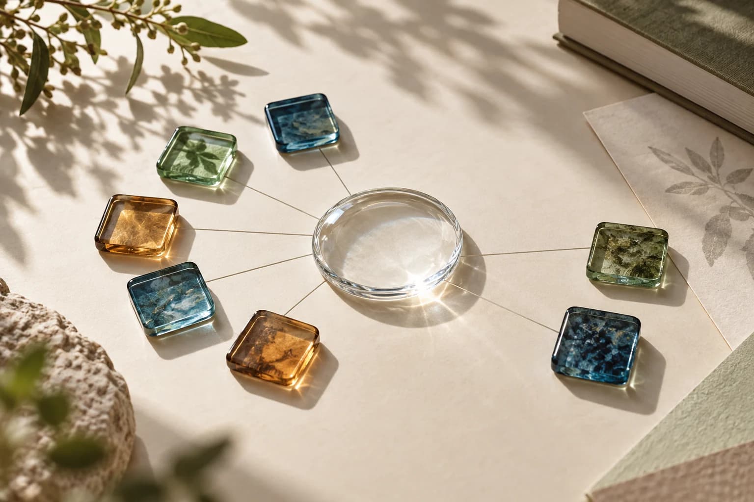 Peças de vidro de cores e tamanhos diferentes conectadas a uma lente transparente central, representando síntese e heterogeneidade