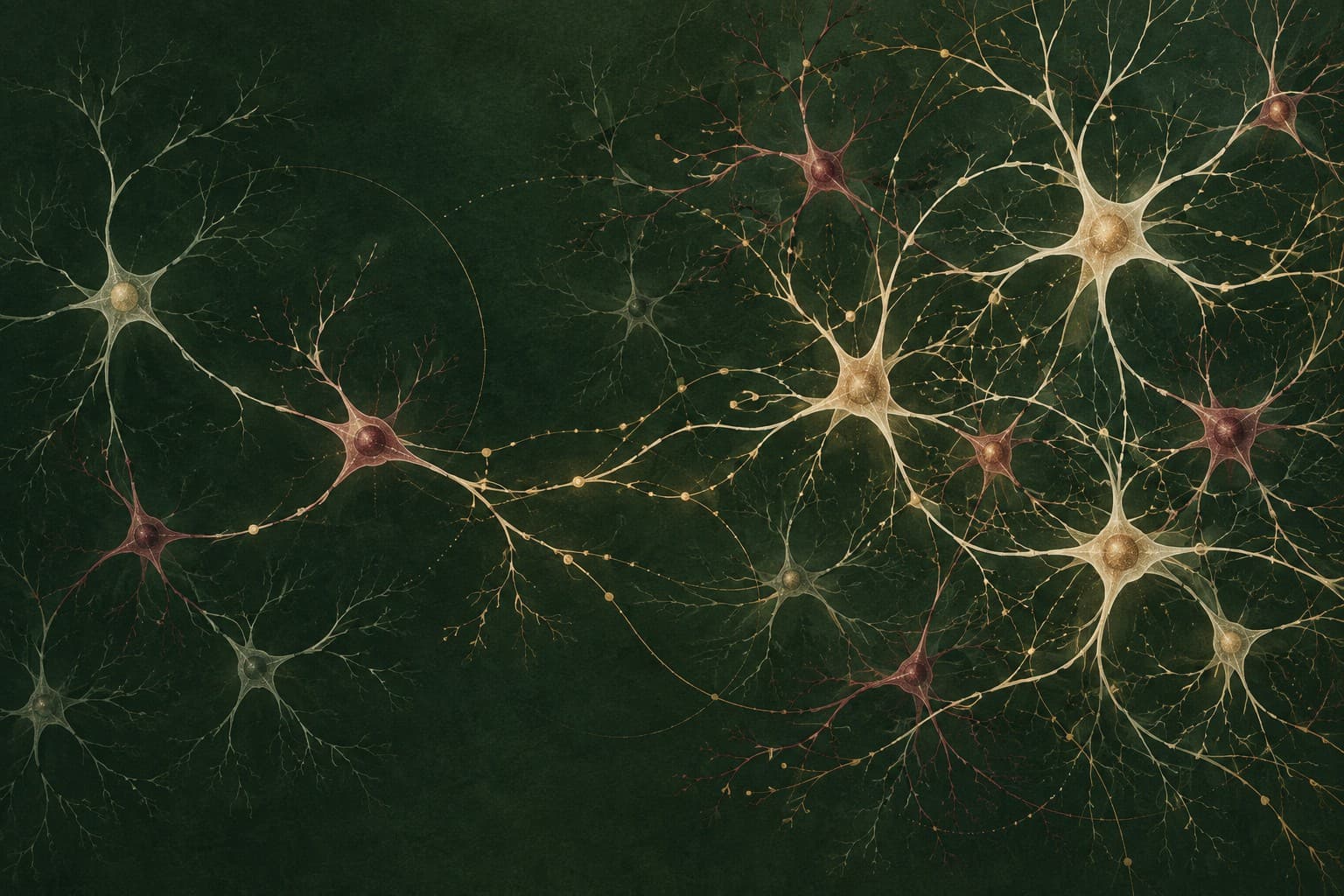 Ilustração científica conceitual de uma rede neural ramificada em verde profundo, marfim, vinho e dourado