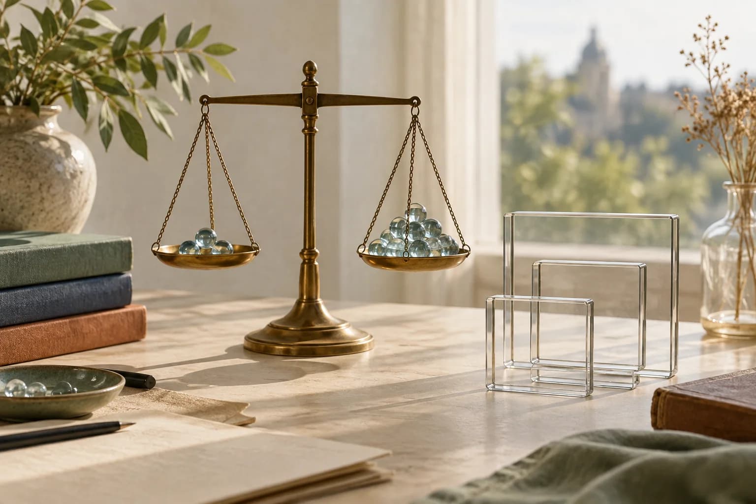 Balança de latão com grupos de esferas de vidro e molduras transparentes de tamanhos diferentes sobre uma mesa de pesquisa