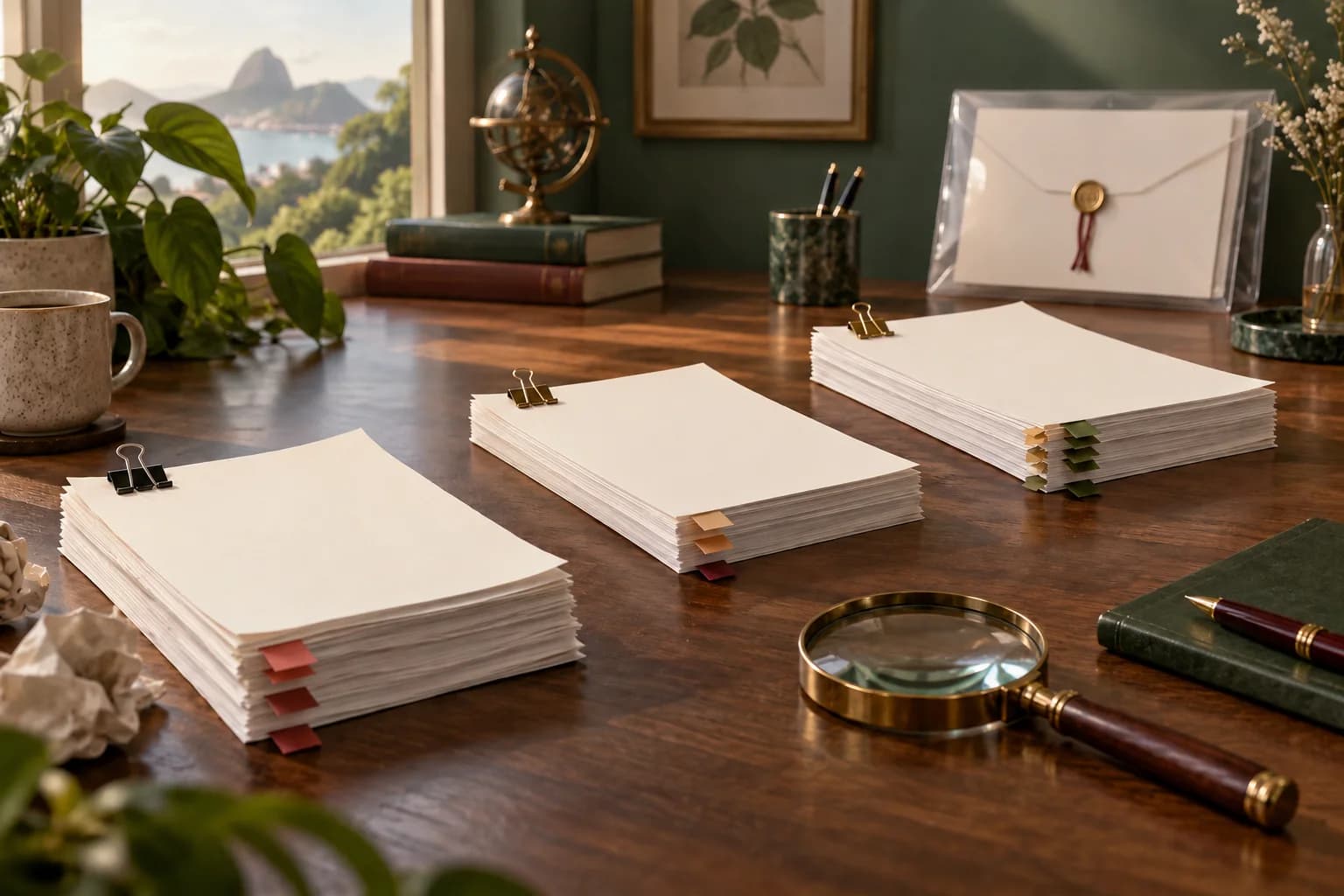 Mesa editorial com versões sucessivas de um manuscrito e uma lente de leitura, sem texto legível