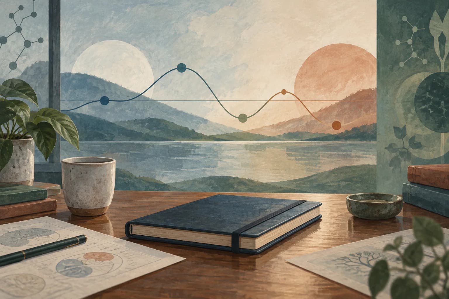 Caderno de pesquisa diante de uma paisagem com curvas suaves que representam oscilações observadas com cautela