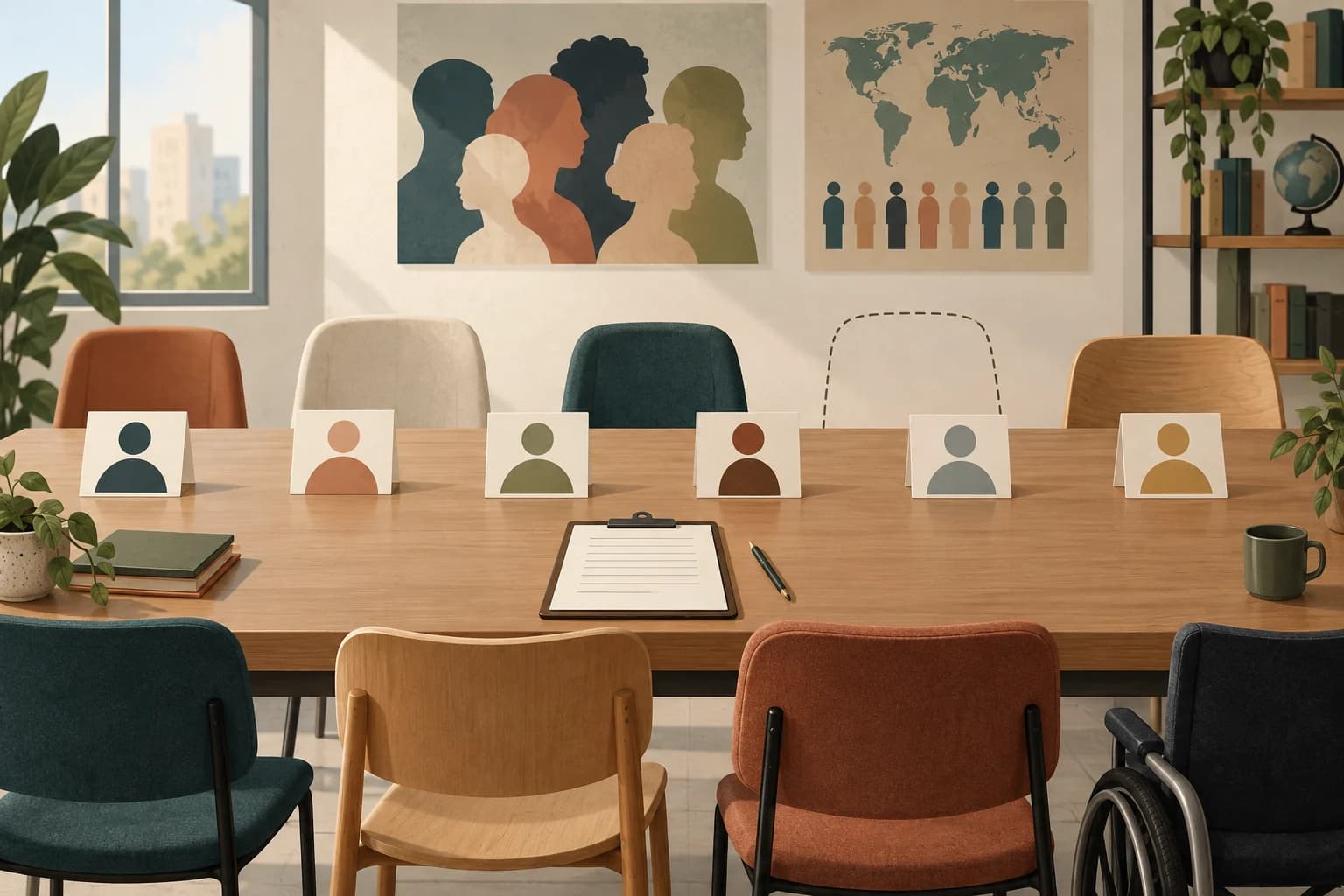 Sala de pesquisa com cadeiras diversas, cartões anônimos de participantes e um lugar vazio representando quem ficou fora da amostra