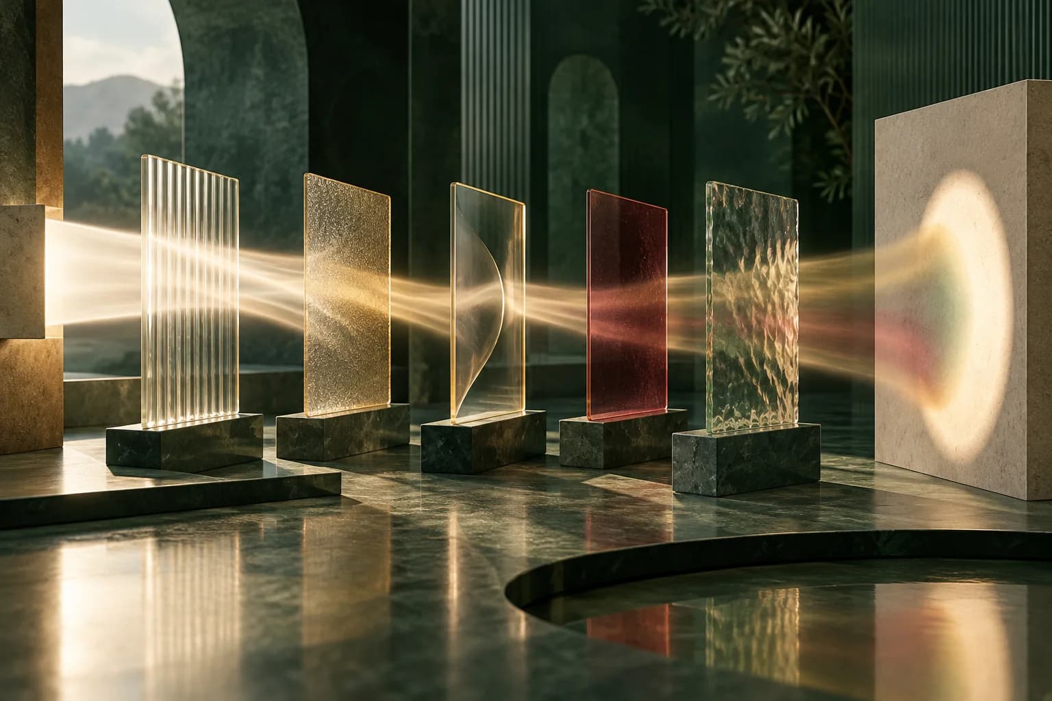 Feixe de luz atravessando cinco filtros translúcidos diferentes antes de alcançar uma superfície, representando fontes de viés