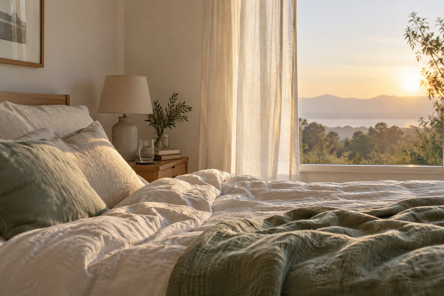 Quarto sereno ao amanhecer com roupas de cama claras, cortina aberta e copo de água na mesa lateral