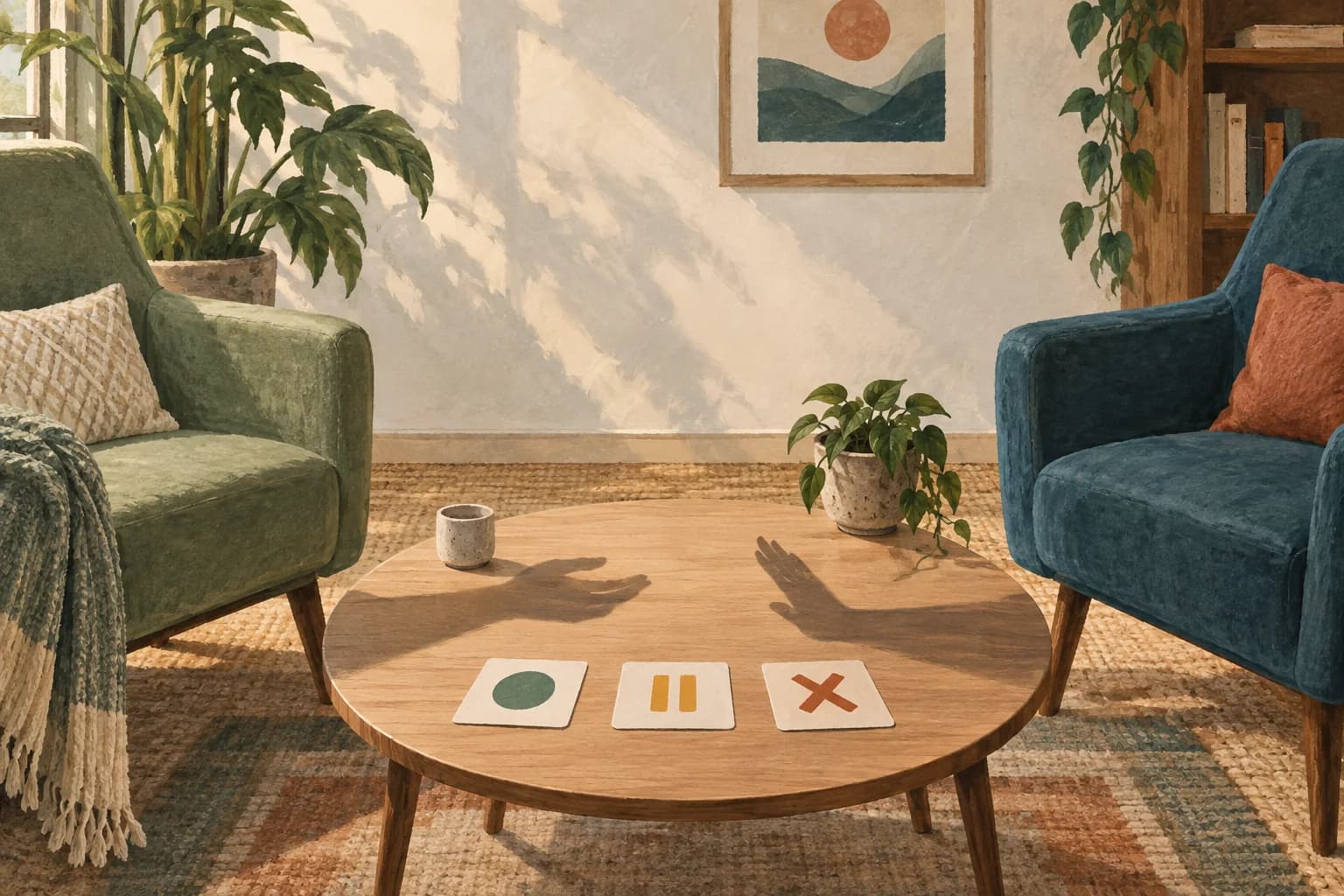 Duas poltronas separadas por uma mesa com símbolos de escolha e sombras de mãos que não se tocam
