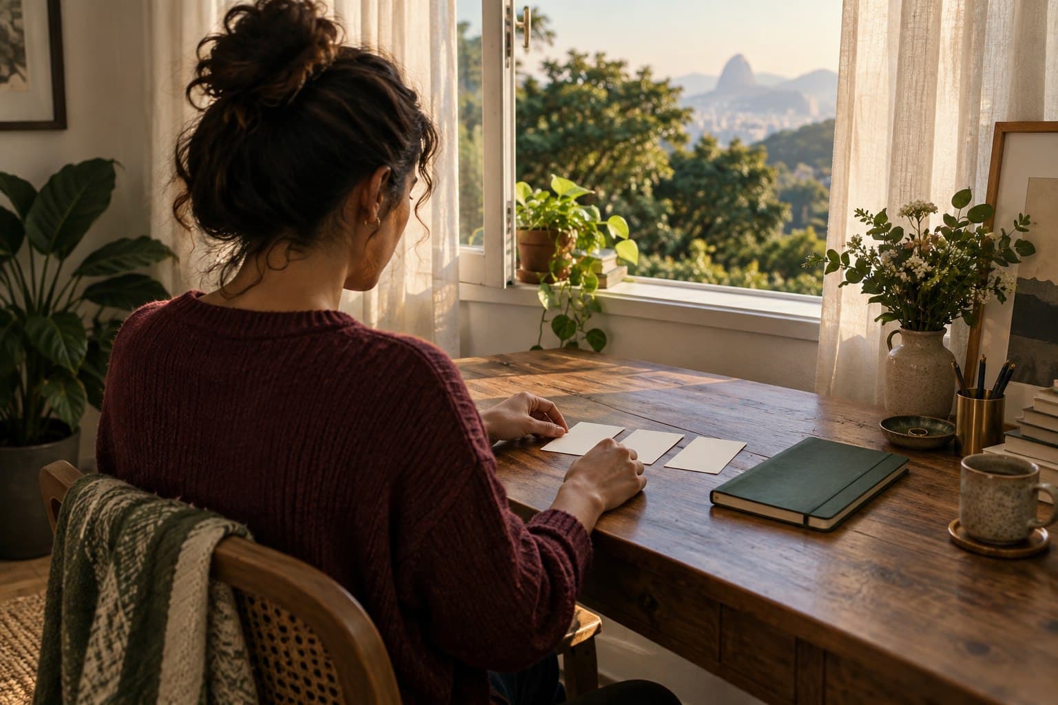 Pessoa diante de uma janela organizando cartões em branco sobre uma mesa ao lado de um caderno fechado