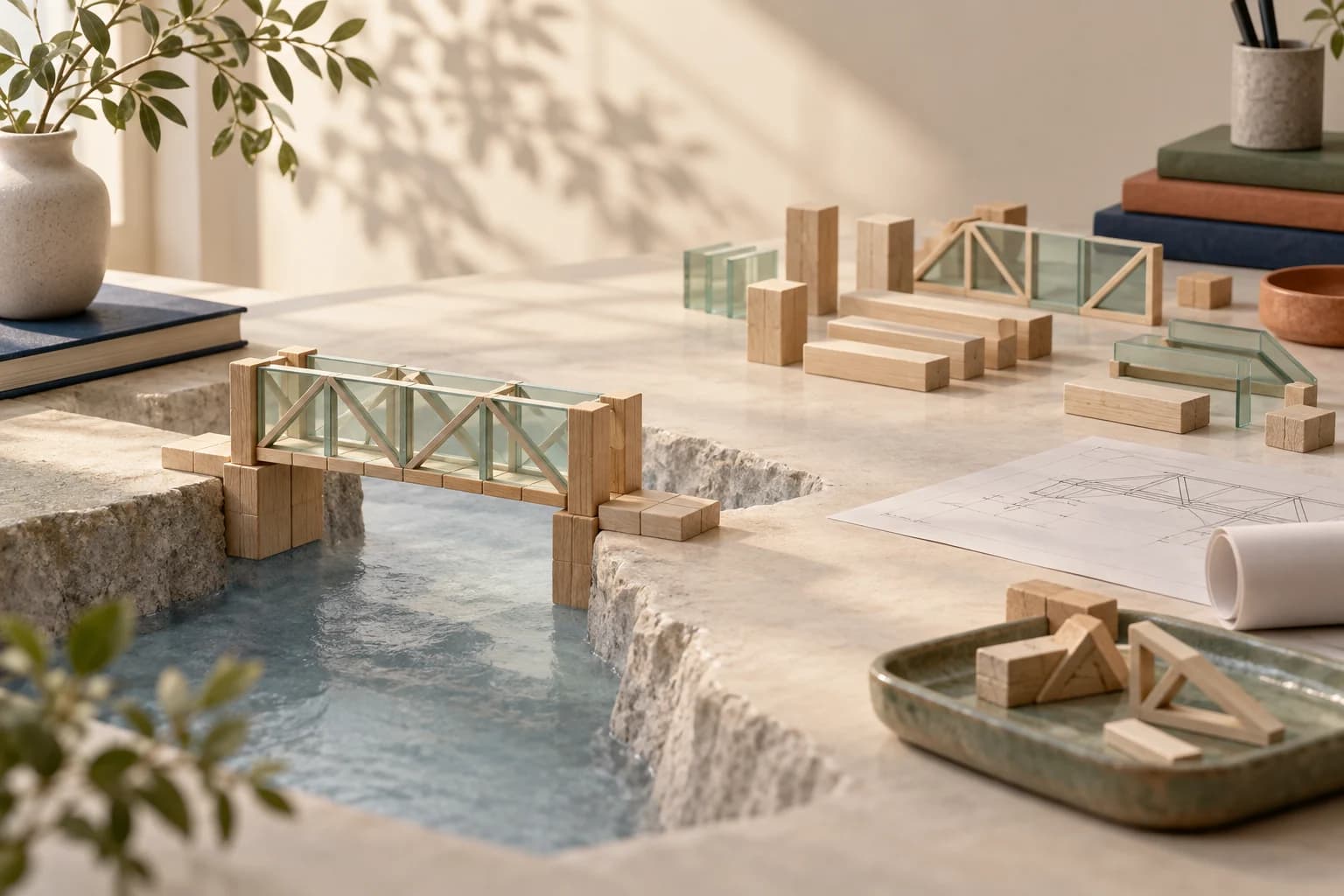 Modelo de ponte em madeira e vidro ao lado de peças modulares ainda não montadas, representando um teste de viabilidade