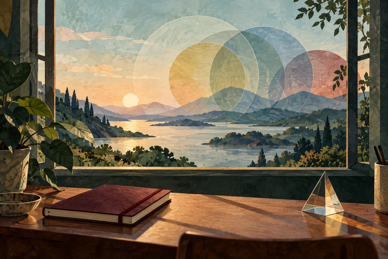 Paisagem abstrata com janela luminosa, caderno e formas concêntricas observadas de diferentes perspectivas