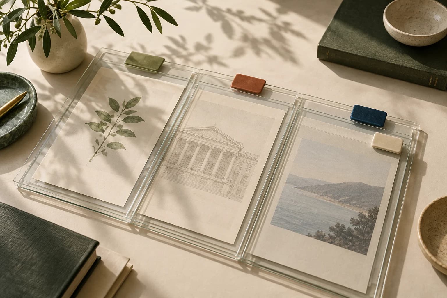Três pastas transparentes sobrepostas com marcadores cerâmicos deslocados, representando plano, protocolo e emenda documentada