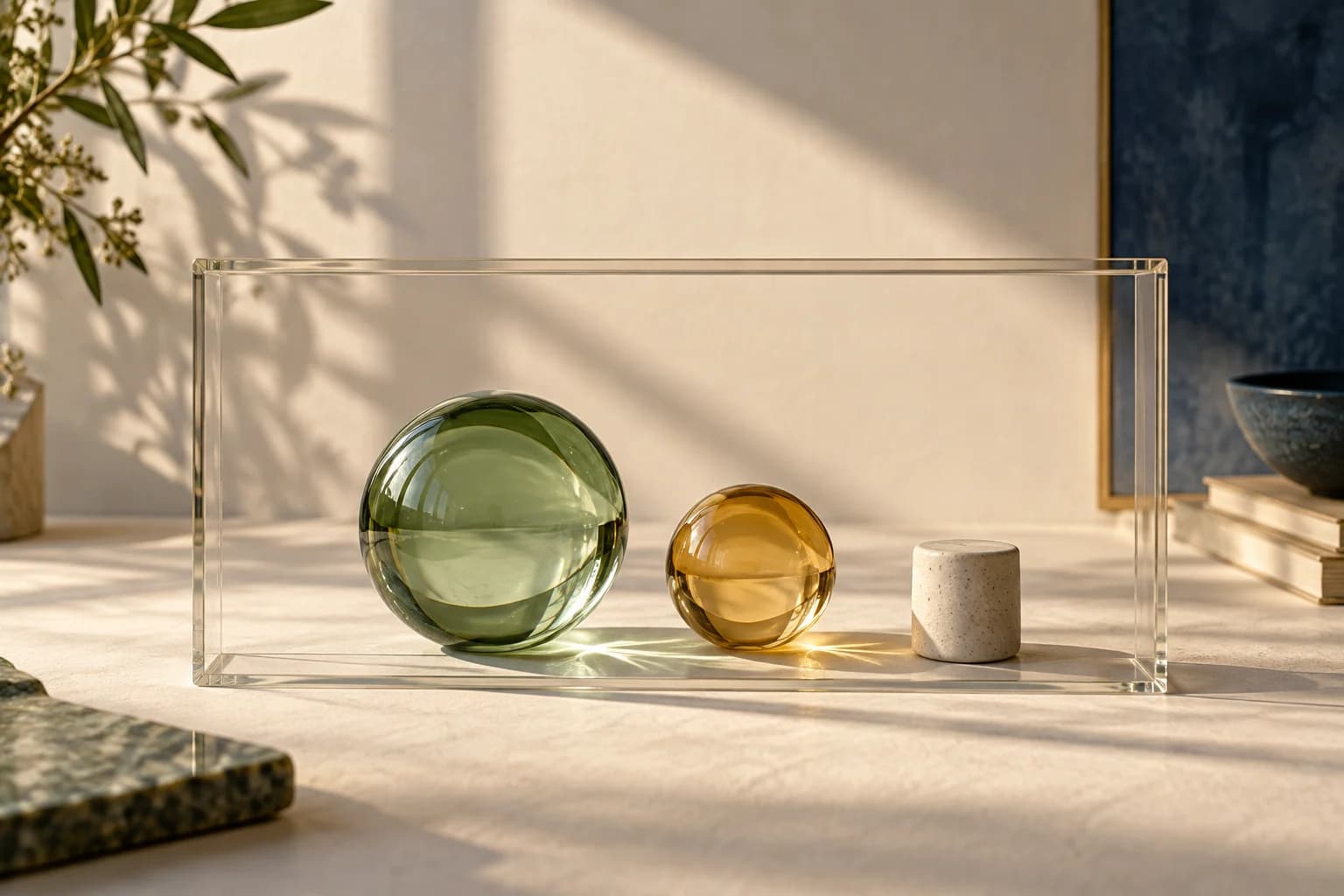 Duas esferas de vidro de tamanhos diferentes e um cilindro cerâmico dentro de uma moldura transparente, representando magnitude e incerteza