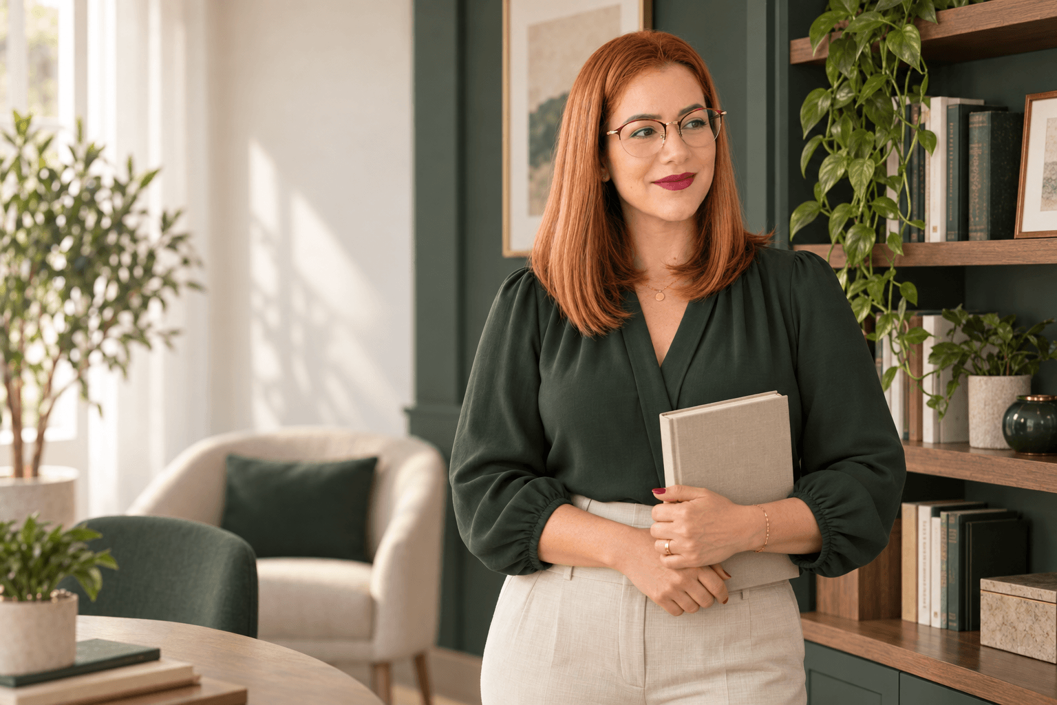 Josilene Castro em seu ambiente profissional, segurando um livro